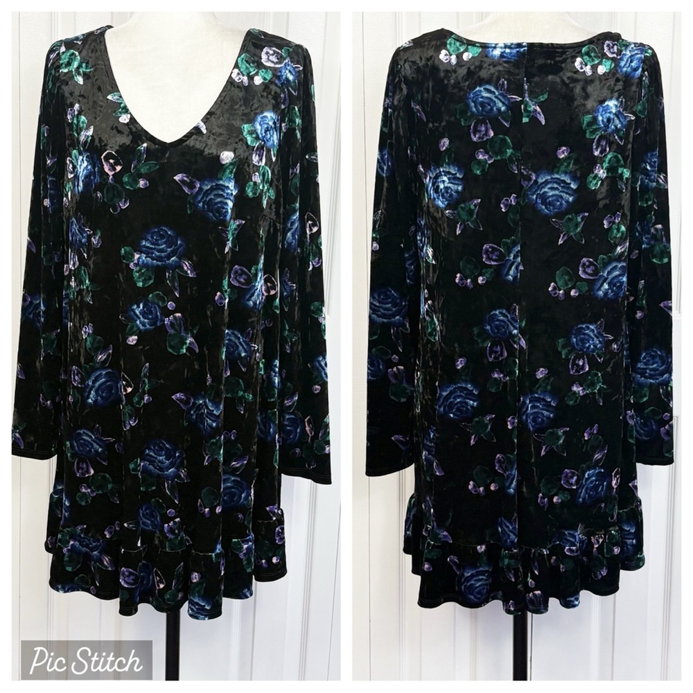 Wild Fable XXL Black Multi Floral Crushed Velvet Long Sleeve Mini Dress